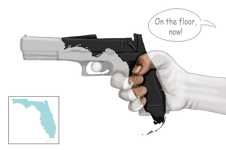 The gun was used to hold up the bank and the robber screamed "on the floor (Florida), now!"